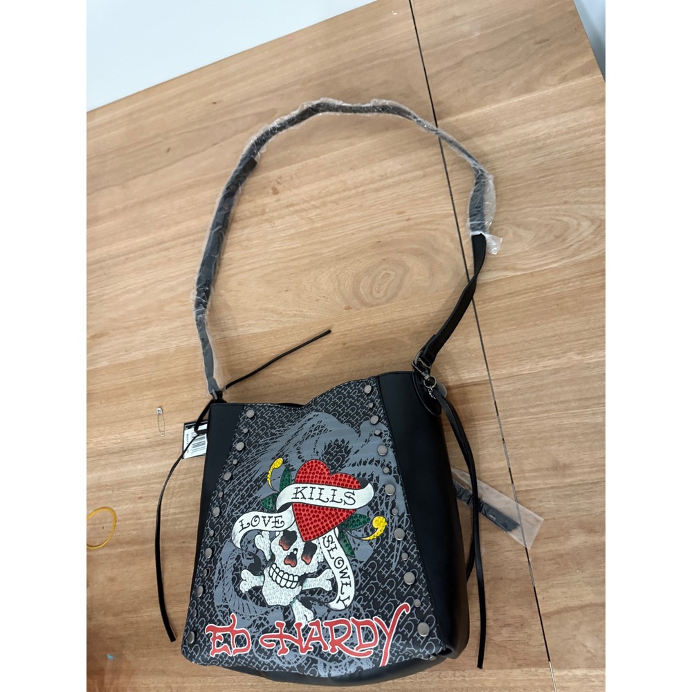 Ed Hardy Love Kills Slowly Crossbody Bag Black Grey Rhinestone Studded NWT
